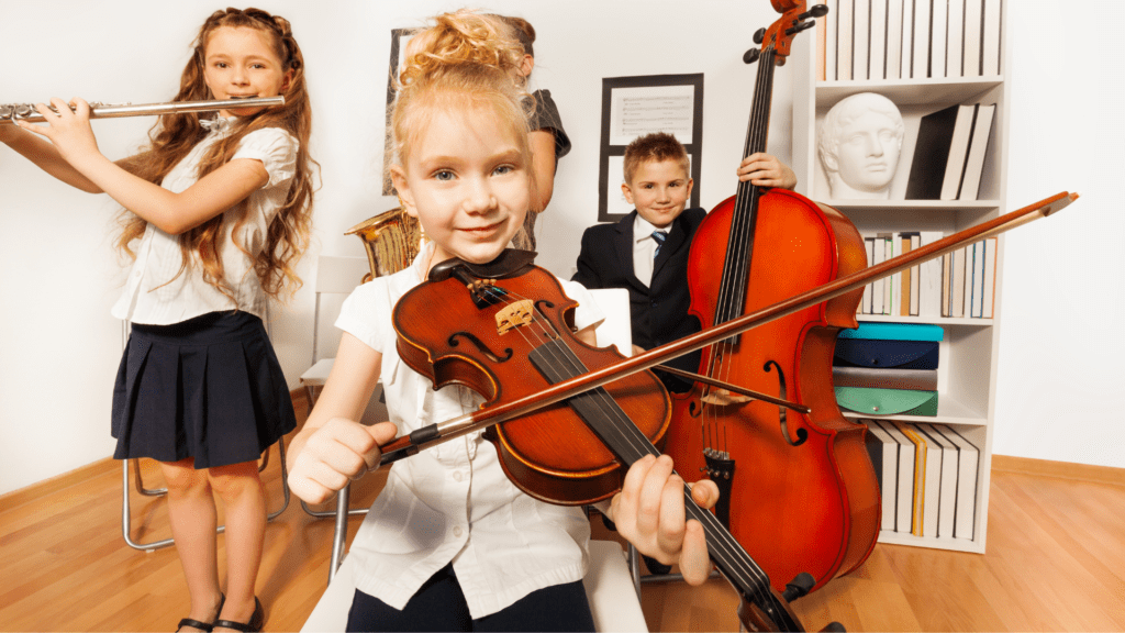 Kids playing the violin and other instruments